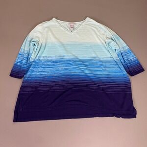 Catherines Blouse Top Plus 2X Blue Teal Purple Ombre Stripe V Neck 3/4 Sleeve